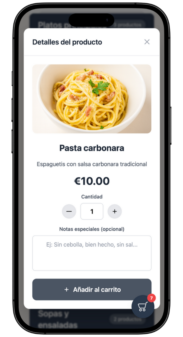 Pantalla de iTaula mostrando cómo los clientes añaden productos al carrito desde la carta digital mediante código QR