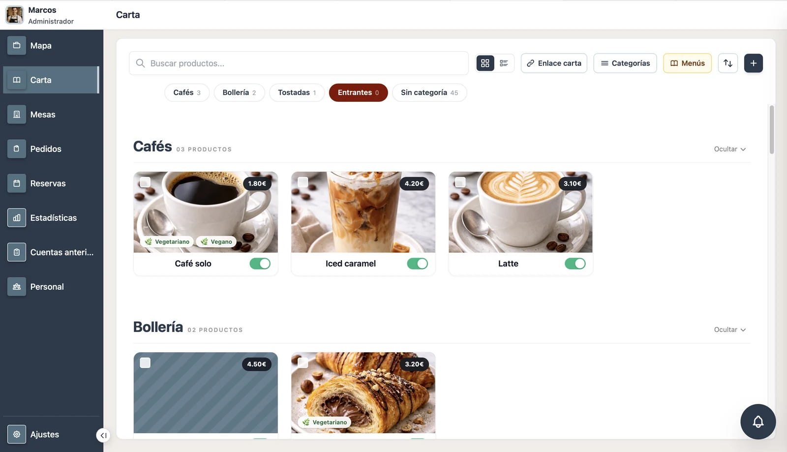 Gestor de la carta de iTaula con las categorías de cafés, bollería y tostadas, cada producto con su foto, su precio y su interruptor de disponibilidad